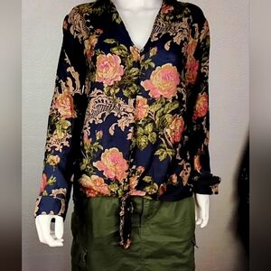BX Collection Navy Floral Tie-Front Blouse